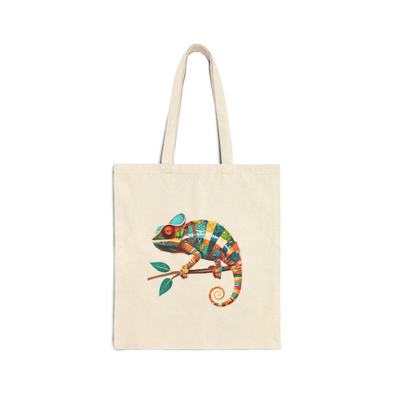 Colorful Chameleon Canvas Tote Bag - Eco-Friendly Shopping Bag, Beach Tote, Gift for Animal Lovers, Reusable Grocery Bag