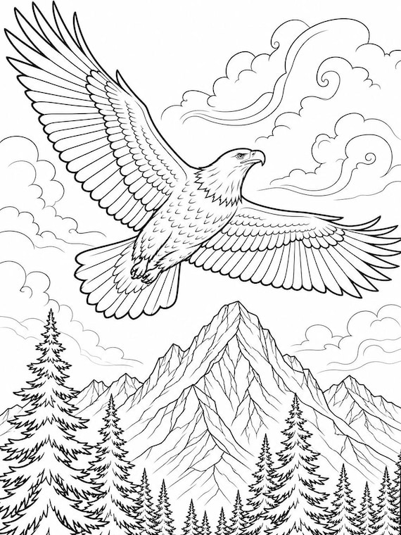 Eagle Soaring Over Mountains Coloring Page | Nature Wildlife Art (PDF Download)