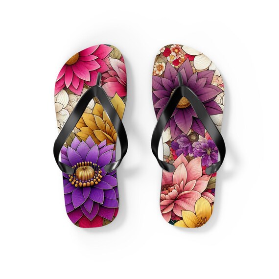 Bohemian Floral Flip Flops, Summer Sandals, Beach Footwear, Vacation Essentials, Boho Chic Designs, Gift for Her