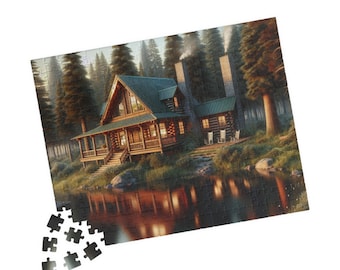 May include: A wooden cabin with a green roof sits on a lakefront property. The cabin has a porch with chairs and a wooden railing. The lake is calm and reflects the sky and trees.