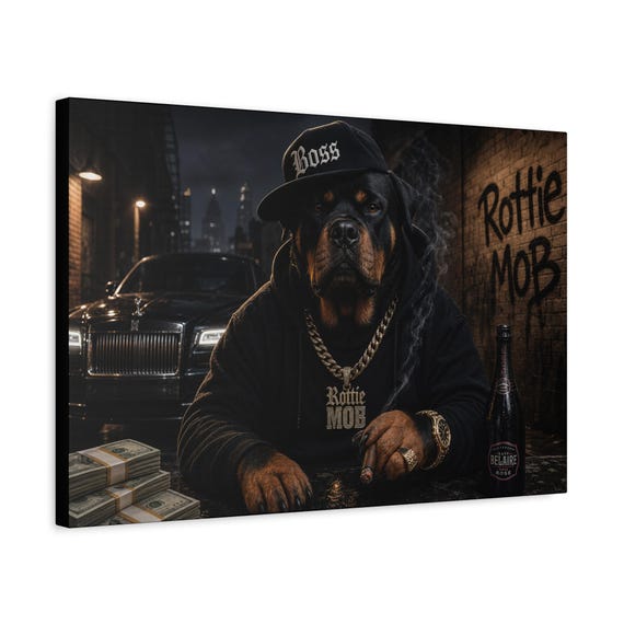 Rottweiler Boss Mob Canvas Print | Urban Streetwear Dog Wall Art, Man Cave Decor