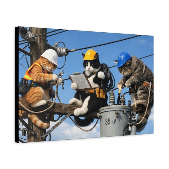 Cats on Power Lines Canvas | Electrician Cat Artwork, Stretched Matte, Ready to Hang