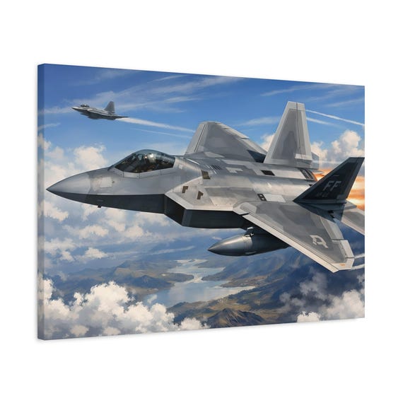 F-22 Raptor Fighter Jet Aerial Scene Canvas Print | 30" x 20" Ready to Hang