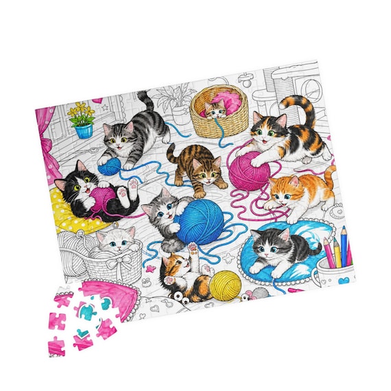 Playful Kittens with Yarn Jigsaw Puzzle – Colorful Cat Lover Gift (110-520 Pieces)