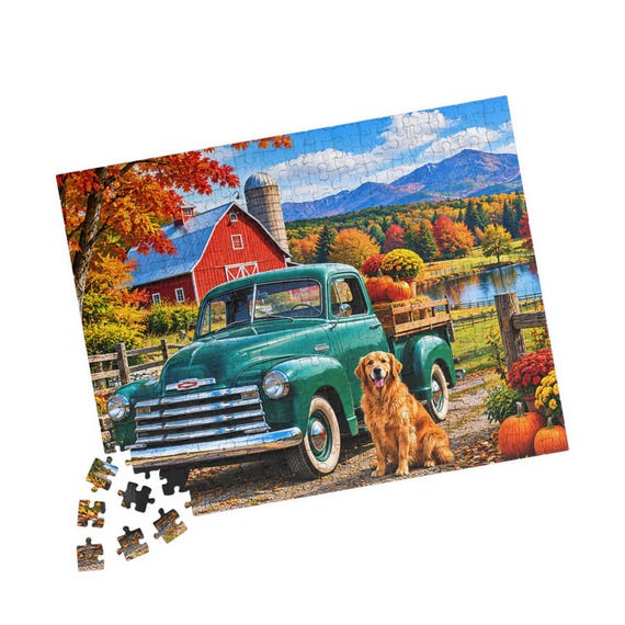 Vintage Green Truck Golden Retriever Puzzle | Autumn Farm Jigsaw