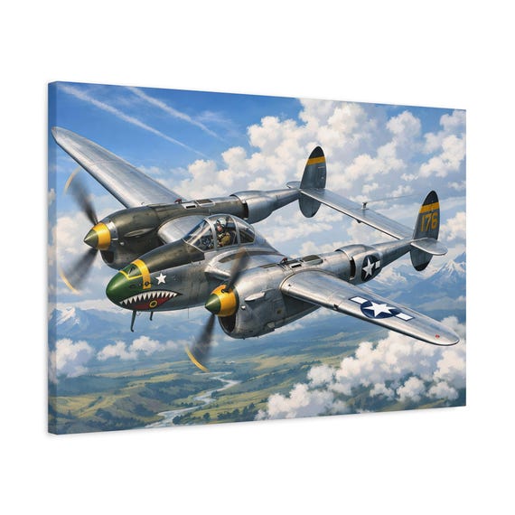 P-38 Lightning Fighter Plane Matte Canvas Print | 30" x 20" Ready to Hang