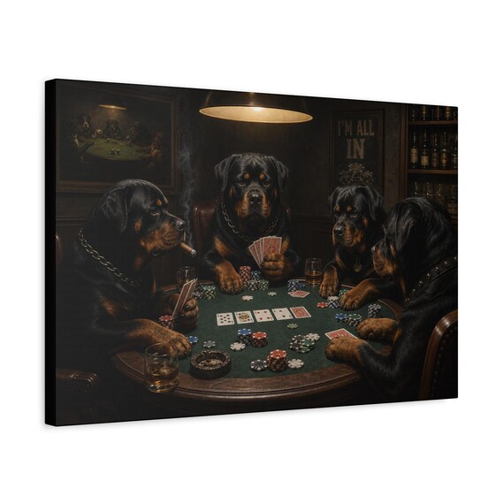 Rottweiler Dogs Playing Poker Canvas Art | Moody Cinematic Wall Decor (Ready to Hang)