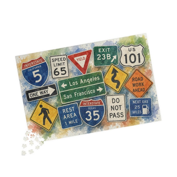 Vintage Road Signs Collage Jigsaw Puzzle – 1014 Piece Travel Art (Glossy Laminated)