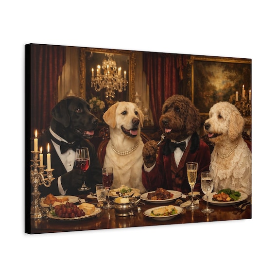 Dogs Dining Dinner Party Canvas Print | Labradors and Labradoodles | Ready to Hang Wall Art
