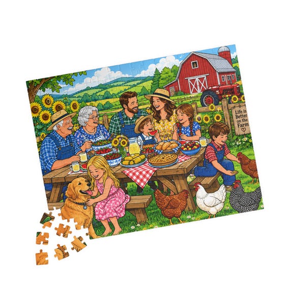 Country Farm Family Picnic 520-Piece Jigsaw Puzzle with Barn, Sunflowers, Kids and Animals