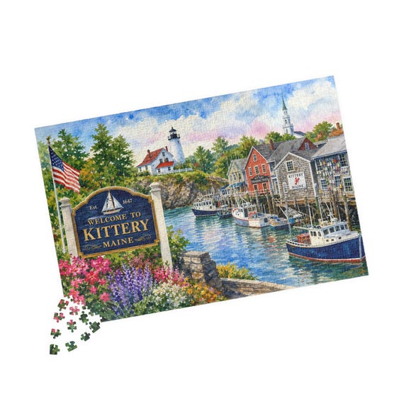 Kittery Maine Harbor Puzzle – Coastal Village Lighthouse, Boats, New England Seaside Scene