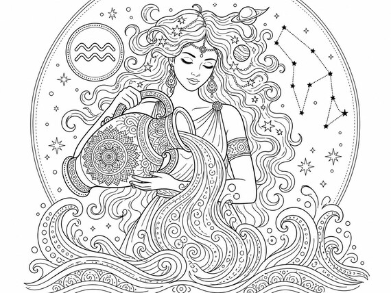 Aquarius Zodiac Coloring Page | Astrology Printable (8.5x11 Landscape)