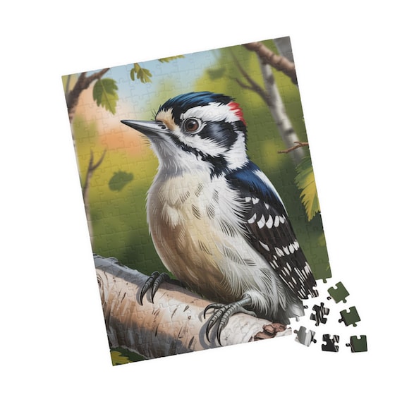 Downy Woodpecker Illustration Puzzle 110, 252, or 520 Piece | Bird Jigsaw Puzzle