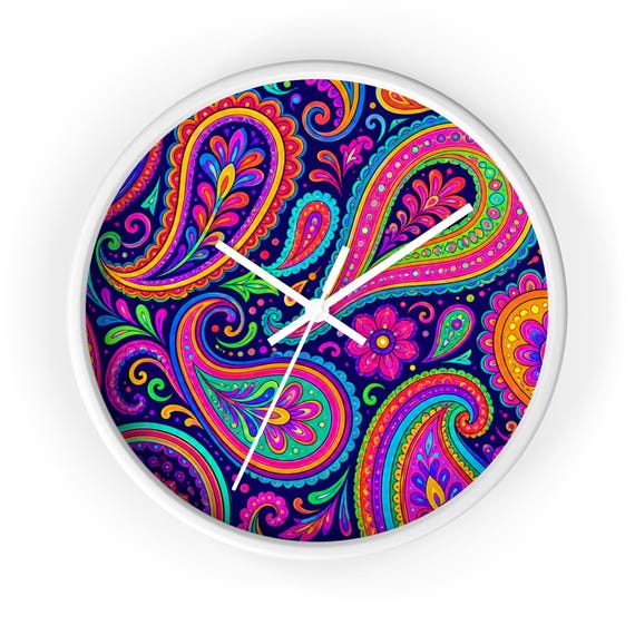 Neon Paisley Wall Clock - Psychedelic Floral Swirl Decor for Boho Groovy Home & Dorm