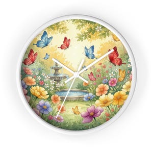 Schmetterling Garten Wand Uhr Blumen Brunnen Bunte Frühling Szene Wunderliche Kinderzimmer Dekor