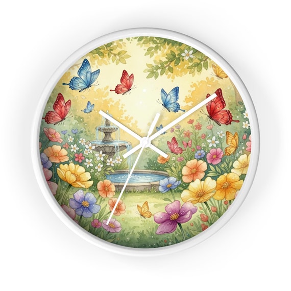 Butterfly Garden Wall Clock Floral Fountain Colorful Springtime Scene Whimsical Nursery Decor