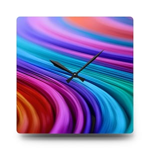 May include: Square wall clock with an abstract design in a swirl of colours. The clock face features red, orange, purple, blue, and green. Black clock hands show the time. The clock has a white background.