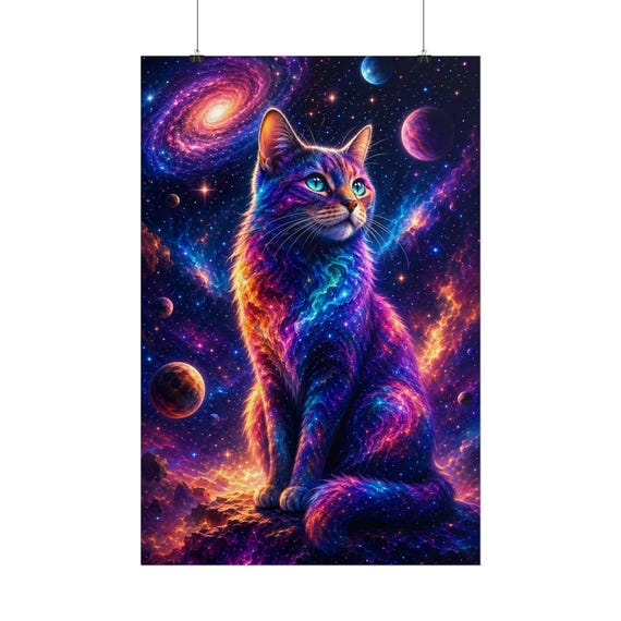 Galaxy Cat Poster Cosmic Nebula Space Kitten Wall Art Print Kids Room Decor Psychedelic