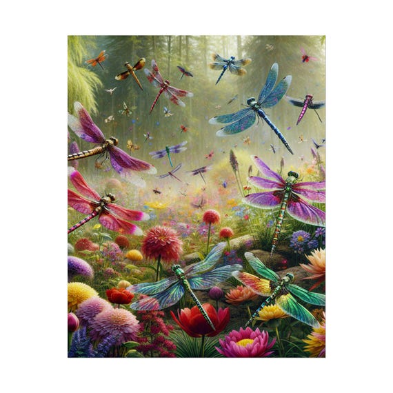 Colorful Dragonfly Oasis Botanical Art Print: Nature-Inspired Wall Decor for Home, Office & Gifts