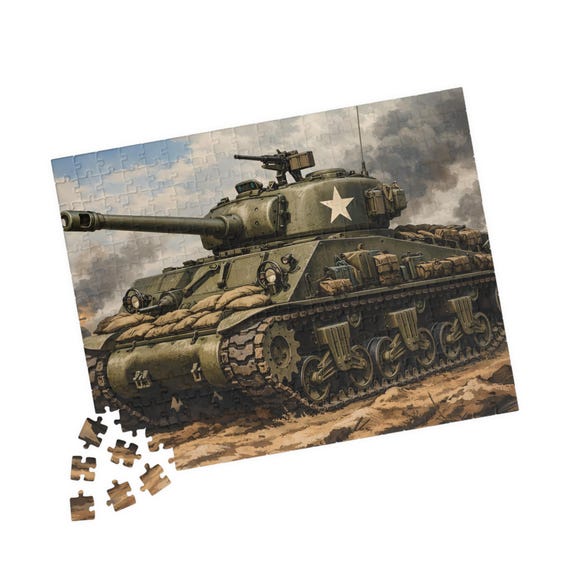 WWII M4 Sherman Tank Illustration Puzzle | Military Jigsaw Puzzle 110-520 pcs