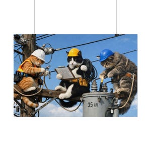 Electrical Lineworker Cats Rolled Poster | Funny Construction Cat Art