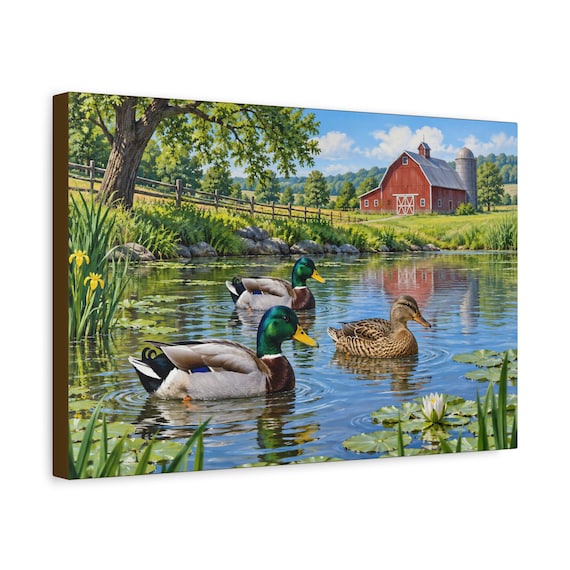 Mallard Duck Pond Scene Canvas Print – Farmhouse Country Wall Art (Matte Stretched)