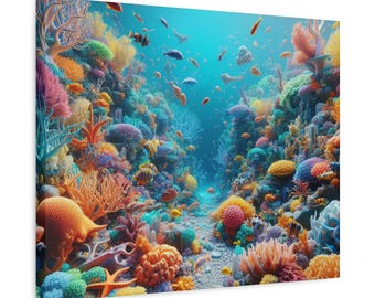 May include: A vibrant canvas print depicting a colorful coral reef scene. The artwork showcases a variety of coral formations in shades of orange, yellow, pink, and green, with numerous fish swimming in the clear blue water. The overall theme is marine life.