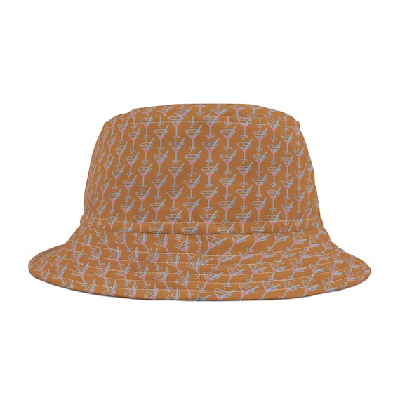 Playful Martini Print Bucket Hat: Brown and Blue Summer Accessory for Beach, Fishing & Outdoor Adventures
