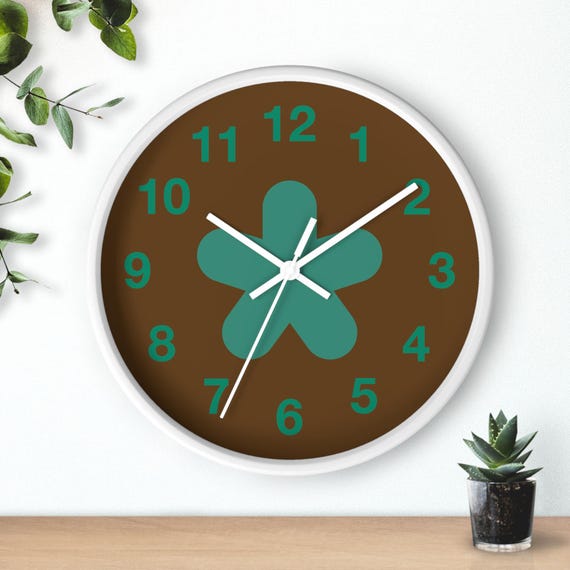 Teal Clover Wall Clock | Modern Minimalist Brown Background, Retro Floral Home Decor Gift