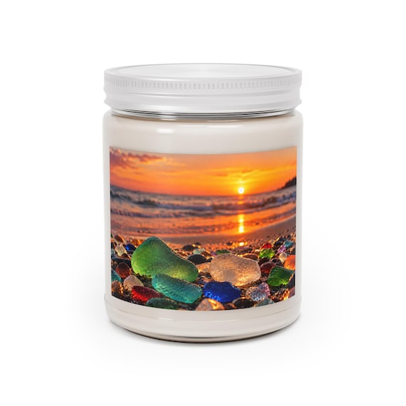 Sea Glass Sunset Soy Candle 9oz | Coastal Beach Aromatherapy Jar for Home Decor & Gifts
