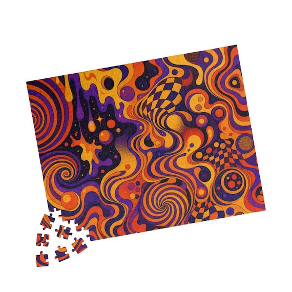 Psychedelic Swirl Art Puzzle – Retro Groovy Orange Purple Optical Illusion (110-520 Pieces)