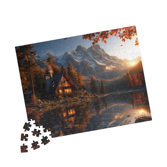Cozy Mountain Cabin Sunset Puzzle – Autumn Lake Scenery (110-520 Pieces)