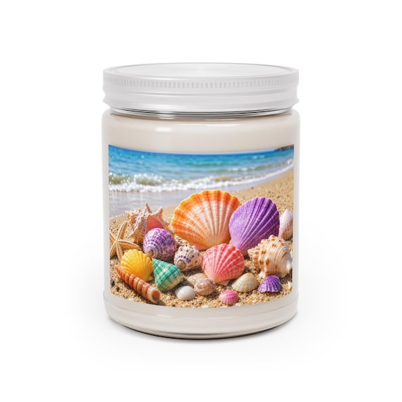 Colorful Seashell Beach Scene Soy Candle – Coastal Home Decor Gift (9 oz)
