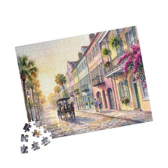 Charleston Street Scene Jigsaw Puzzle – Southern Pastel Watercolor Art (110-520 Pieces)