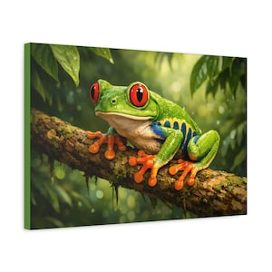 May include: A vibrant canvas print featuring a red-eyed tree frog perched on a mossy branch. The frog has bright green skin with blue and yellow markings, and orange feet. Lush green foliage forms the background, creating a tropical rainforest scene.