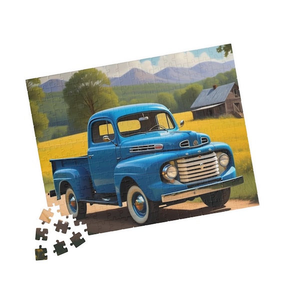 Vintage Blue 1950 Ford F100 Truck Puzzle 520-Piece Farm Landscape Jigsaw Classic Vehicle Gift