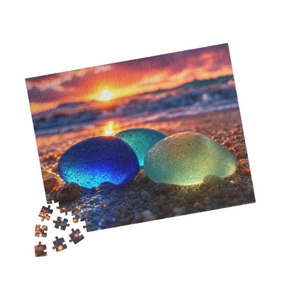 Sea Glass Sunset Jigsaw Puzzle | Coastal Beach Sunrise Art 110-520 Piece Gift