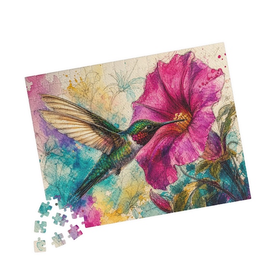 Watercolor Hummingbird Hibiscus Puzzle – 110/252/520 Piece Art Challenge