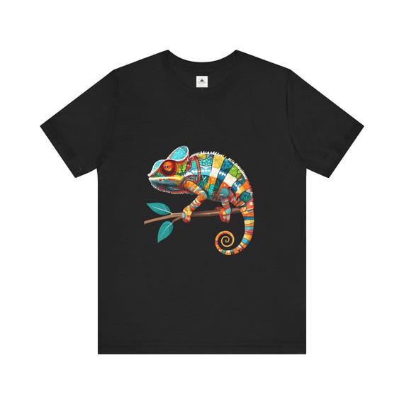 Colorful Chameleon Graphic Black Tee, Unisex T-Shirt for Reptile Lovers, Short Sleeve Top, Animal Print Shirt, Gifts for Men Women,