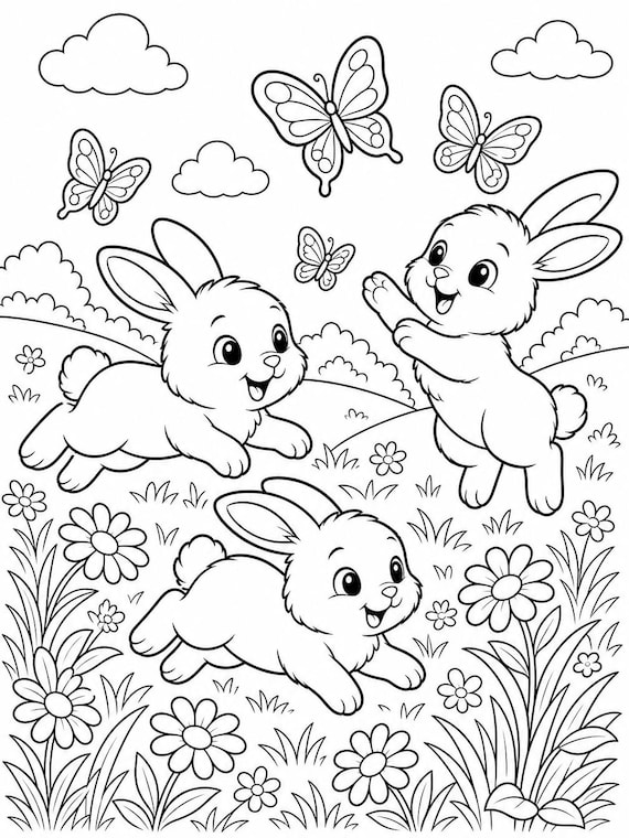Rabbits Playing in Field Coloring Page | Bunny Nature Activity (PDF Download)