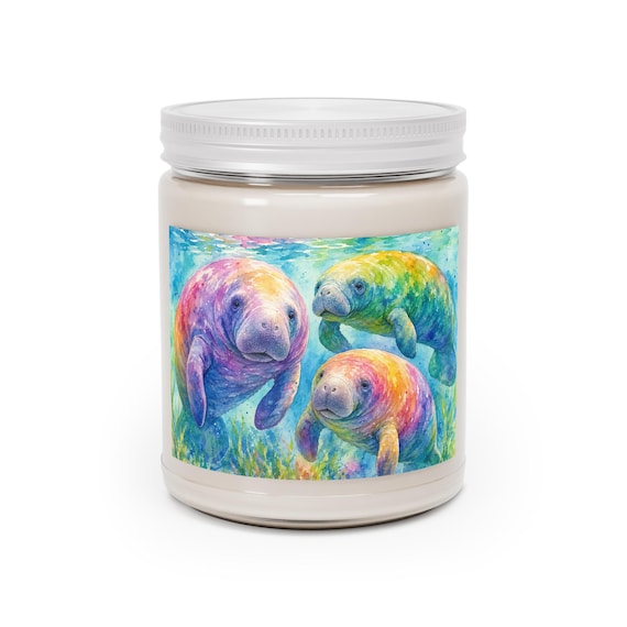 Rainbow Manatee Family Candle - 9oz Soy Wax Jar with White Lid, Coastal Decor Gift