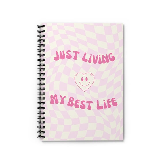 Pink and White Spiral Notebook Ruled Journal with 'Living My Best Life' Message - Inspirational Stationery