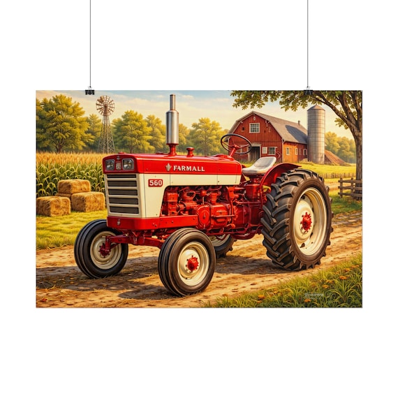 Vintage Farmall Tractor Rolled Poster | Rustic Barn Scene Farm Wall Art Country Farmhouse Decor