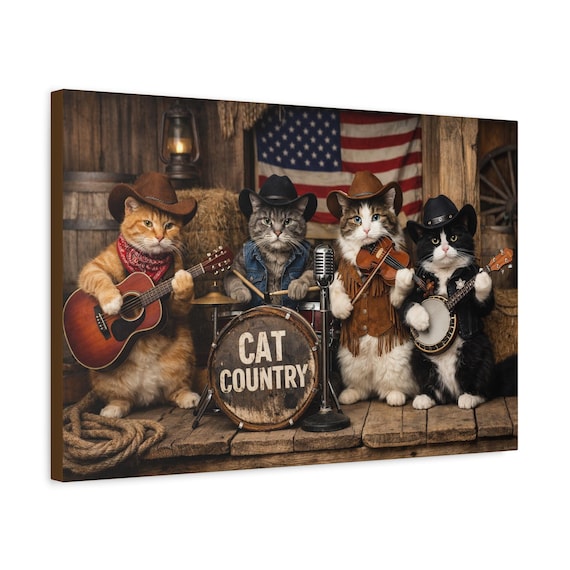 Country Cat Band Canvas Print Stretched Matte Ready to Hang Farmhouse Wall Art Decor