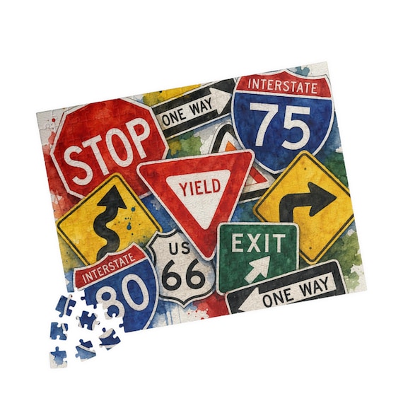 Road Sign Collage Jigsaw Puzzle – Watercolor Travel Signs (110-520 Pieces)
