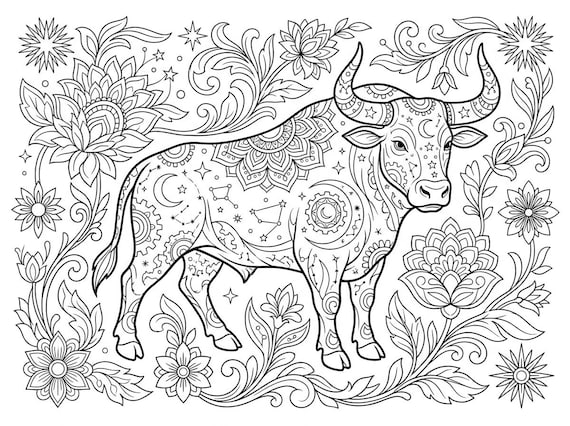 Taurus Zodiac Coloring Page | Intricate Bull Mandala Art (PDF Download)