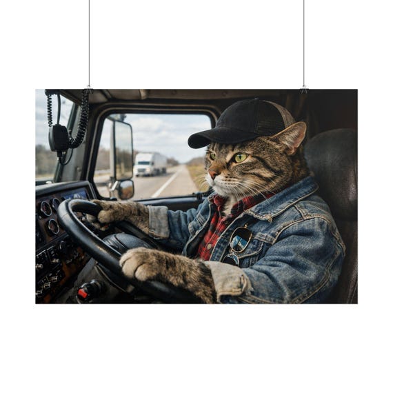 Trucker Cat Driving a Semi | Rolled Poster | Funny Animal Wall Art