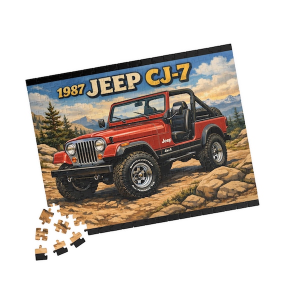 1987 Red Jeep CJ-7 Off-Road Cruiser Puzzle | Retro Illustration Art (110-520 Pieces)