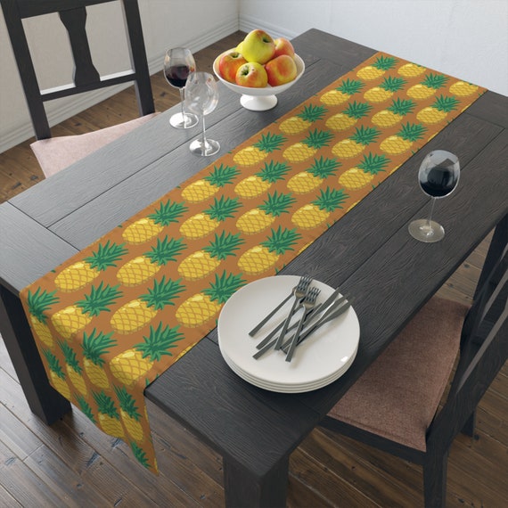 Tropical Chic Light Brown Table Runner - Yellow Pineapple Print Home Decor