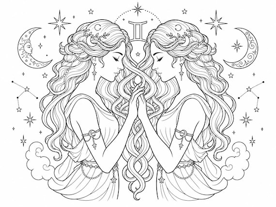 Gemini Zodiac Twins Coloring Page – Astrology Art Activity (PDF Download)